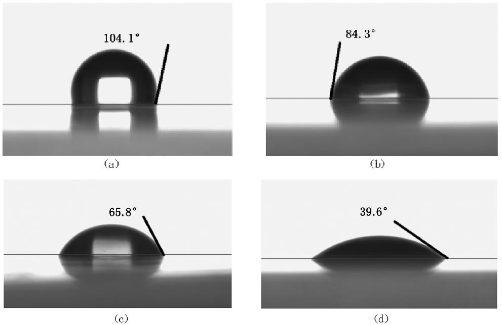 不同等離子體處理時(shí)間聚丙烯網(wǎng)表面接觸角水滴圖型