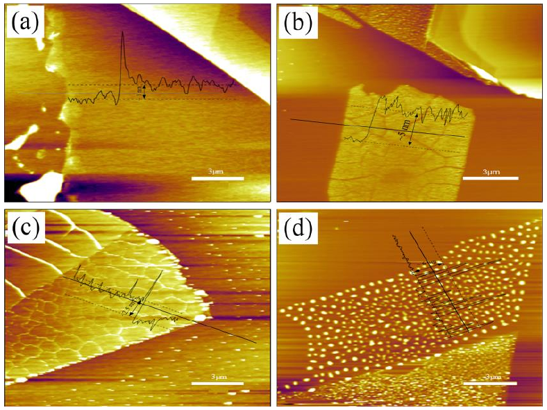 圖 3.5 低溫氧等離子體處理后單層 M o S 2 薄膜形貌圖。（a）樣品 1 # 的厚度~ 1 nm；（ b）樣品 2 # 的厚度~ 5 nm；（ c）樣品 3 # 的厚度~ 3.5 nm；（ d）樣品 4 # 的厚度~ 6 nm。